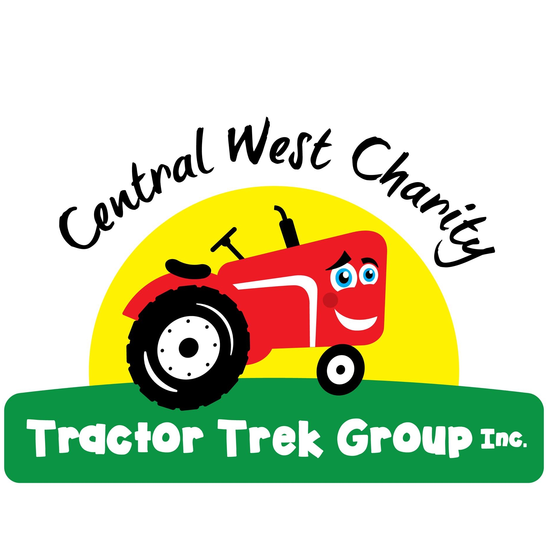 Logo of Central West Charity Tractor Trek Group Inc., featuring a red cartoon tractor with a smiling face in front of a yellow sun and green ground.
