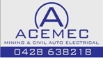 Logo of ACEMEC, a company specializing in mining and civil auto electrical services. The logo contains a large "A" above the company name and a contact phone number: 0428 638 218.