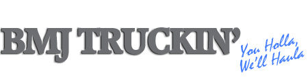 Logo for BMJ Truckin', featuring bold gray text with a blue shadow below the word "TRUCKIN'.