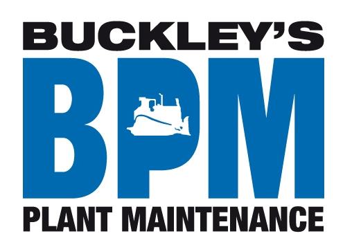 Logo of Buckley's BPM Plant Maintenance with large blue letters "BPM" and a white silhouette of construction equipment within the letter "P".