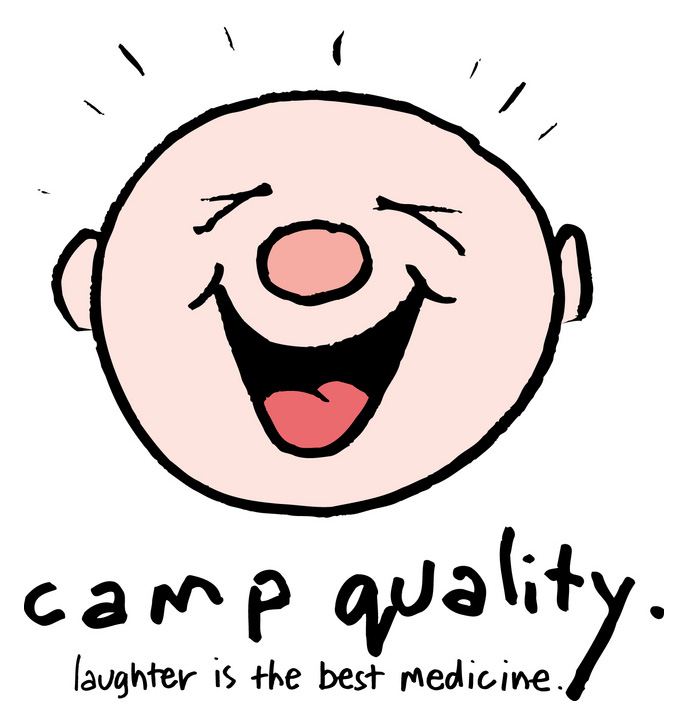 Logo of Camp Quality featuring a cartoon face with closed eyes and a wide, open-mouthed smile. Below the face, the text reads "camp quality. laughter is the best medicine.