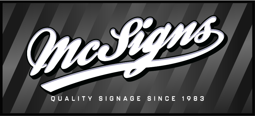 Logo of McSigns with stylized white text on a dark striped background. The tagline below reads "Quality Signage Since 1983.