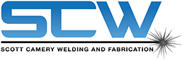 Logo reading "SCW" with the text "Scott Camery Welding and Fabrication" below. The "W" is stylized with a welding spark on its right side.